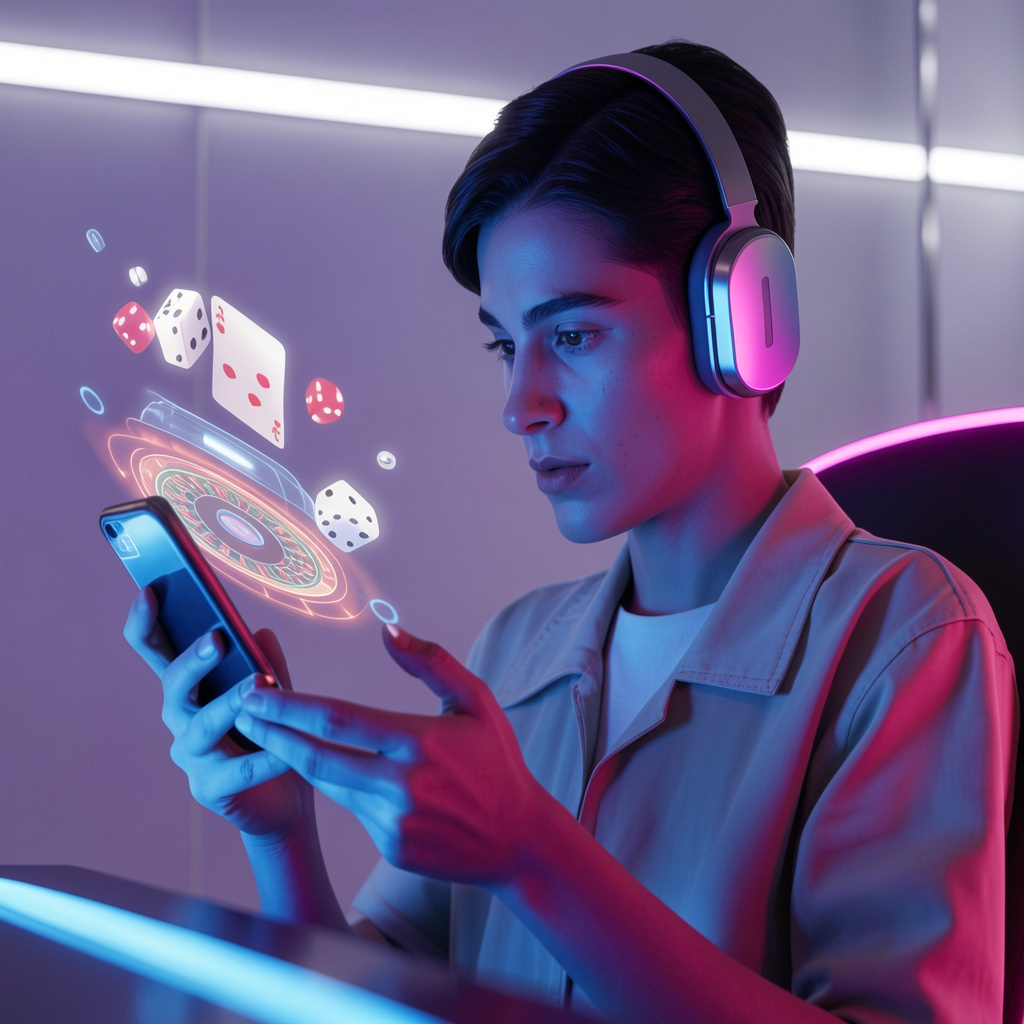 Young gamer using a mobile gaming app with virtual casino elements, headphones, and neon futuristic lighting